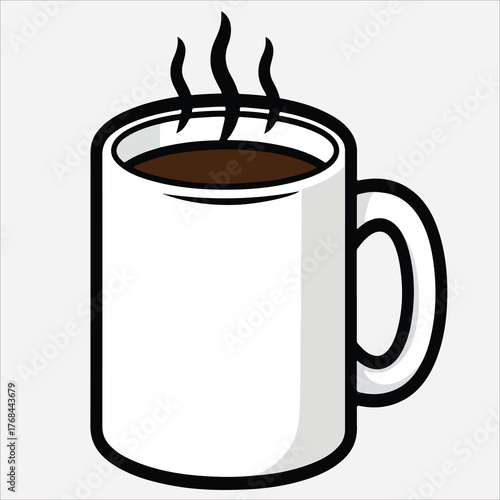 A simple line drawing of a steaming hot coffee mug on a plain background.