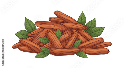 An illustration of cinnamon sticks with green leaves, ready for culinary use or aesthetic appeal.