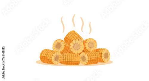 A delicious pile of freshly cooked corn on the cob, steaming and ready to eat, on a white background, representing food and summer enjoyment.