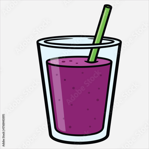 Cartoon-style illustration of a glass with a purple smoothie and green straw on a white background.