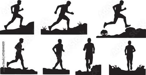 Six Trail Runner Silhouettes on Uneven Terrain