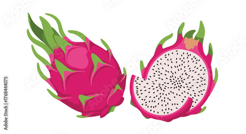 Illustration of a whole dragon fruit with green leaves and a cross-section of another dragon fruit with white flesh and black seeds.