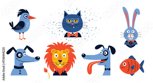 A whimsical collection of animal characters in vector style, including a bird, cat, rabbit, lion, fish, and dogs, set against a white background.