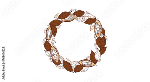 A circular wreath design featuring brown cocoa pods and leaves with some pods split open to reveal beans.