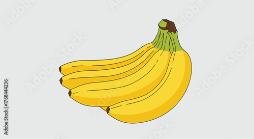 Bunch of ripe bananas, showing the fruit’s bright yellow color and green stem, against a plain background of light gray.