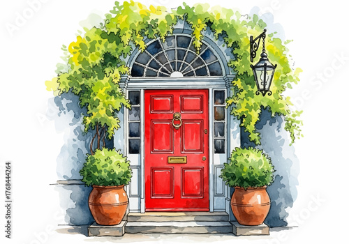 Charming red front door watercolor illustration, an inviting home entrance adorned with lush green vines and elegant potted plants, capturing a welcoming classic facade
