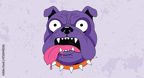 Cartoon bulldog head with tongue out, wearing a spiked collar, set against a mottled purple background, screaming with wild eyes.