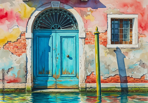 Captivating Venetian scene featuring a weathered blue door, vividly painted in a stunning watercolor style, reflecting charmingly in the serene canal water under a warm, artistic light
