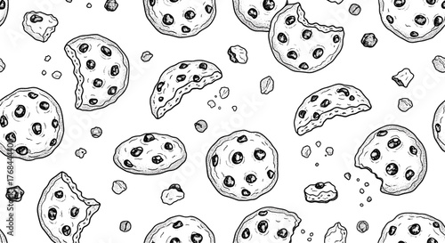 Hand-drawn illustration of a seamless pattern with chocolate chip cookies on a white background, perfect for a food-themed design project or background image.