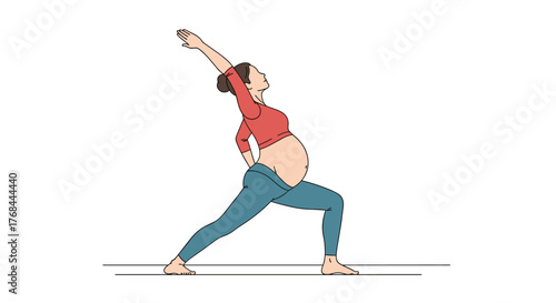 Pregnant woman in yoga pose, demonstrating a modified version of Warrior II with her arm raised up and back, on a white background.