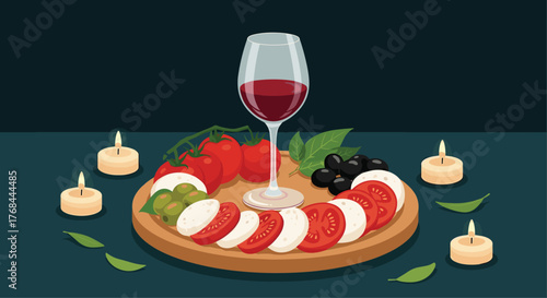 Romantic Italian meal featuring Caprese salad, olives, tomatoes, wine, and candles creates an intimate dining experience.