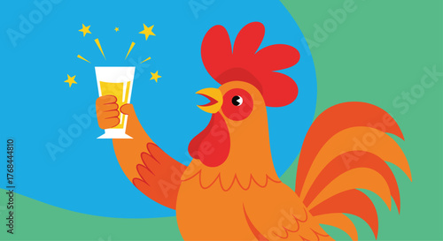 Cartoon rooster holding a glass of beer with stars above him.