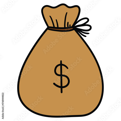 Hand-drawn cartoon brown money dollar bag on a white background.
