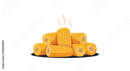 A stack of freshly cooked, hot corn on the cob segments, ready to eat, featuring a vibrant yellow color and visible steam.