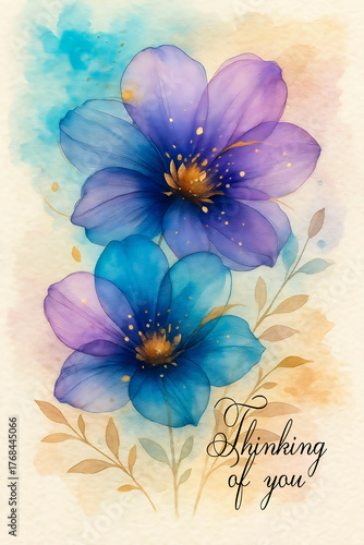  Thinking of you - card. flowers. watercolor floral background.