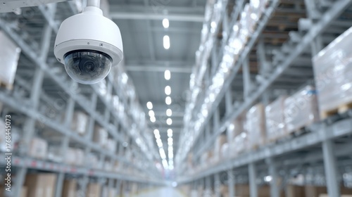 High-Quality Security Camera in Modern Warehouse with Rows of Storage Shelves and Bright Lighting for Enhanced Surveillance and Safety Monitoring