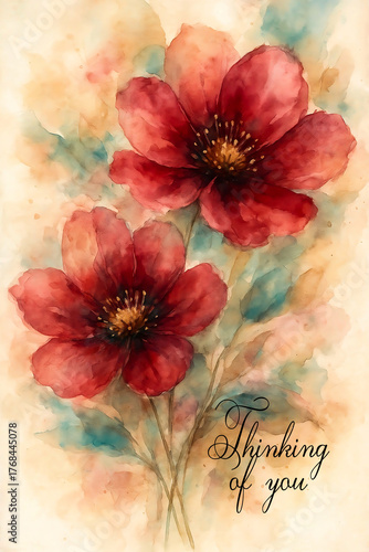  Thinking of you - card. flowers. watercolor floral background.