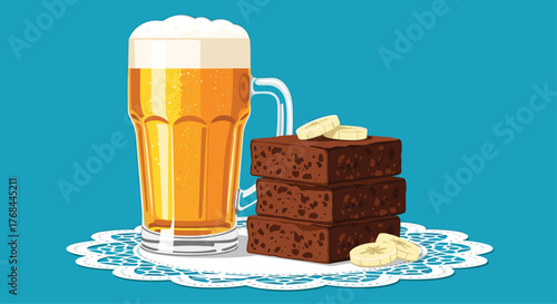 A tall glass of frothy beer next to a stack of chocolate brownies with banana slices.