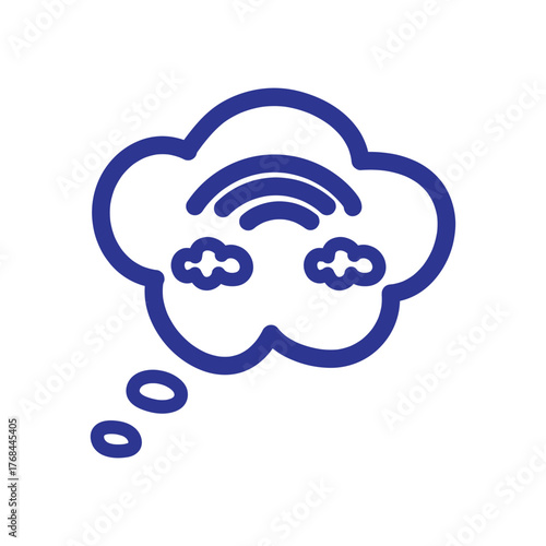 Blue line art icon of a thought bubble containing a rainbow and clouds, symbolizing imagination, dreams, and positive thinking.