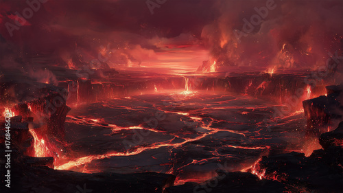 灼熱の火口が広がる冥界の岩山風景の情景描写