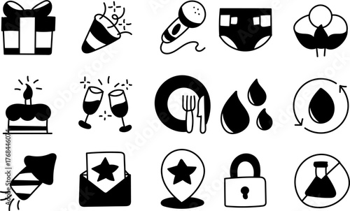 Bold Hand Drawn Celebration and Event Icon Set for Party, Gift, and Festivity Design