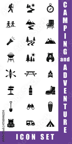 Camping, outdoor adventure icon set. Vector glyph pictograms of eco-tourism, tent, backpack, campfire, compass, kayak, hiking, travel, wilderness exploration black silhouette illustration.