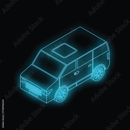Neon blue isometric illustration of a minivan glowing on black background