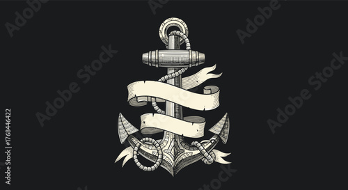 Vintage nautical anchor with empty banners for text on a dark background.