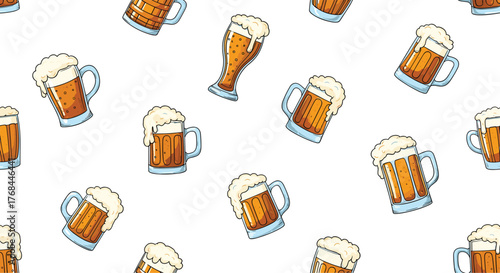 Seamless pattern of cartoon beer mugs and glasses overflowing with foamy beer.