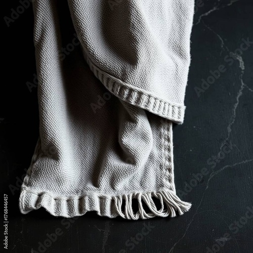 A photograph of a towel displaying an intense jet black cast bronze surface with an antique patina finish, pure black, and deep shadows