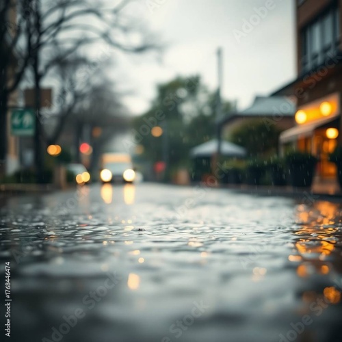 A professional fine art photograph depicting a flood with rain, using a blurred bokeh effect, soft contrast, warm tones, and sharp subject focus, evoking an editorial style
