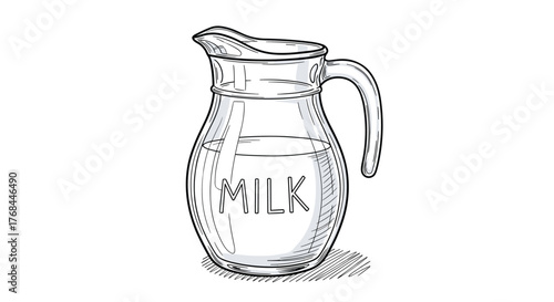 A clear glass pitcher filled with milk, with the word milk etched on the side.