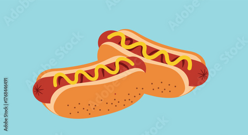 Two cartoon hot dogs with mustard on a light blue background.