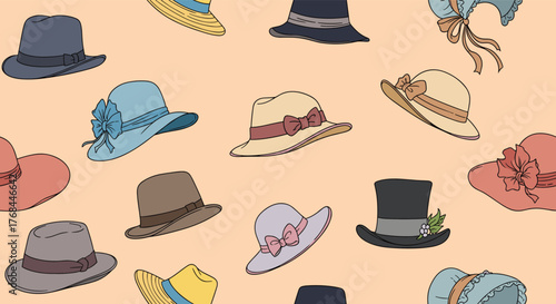 A charming collection of vintage hats in various styles and colors on a peach background.