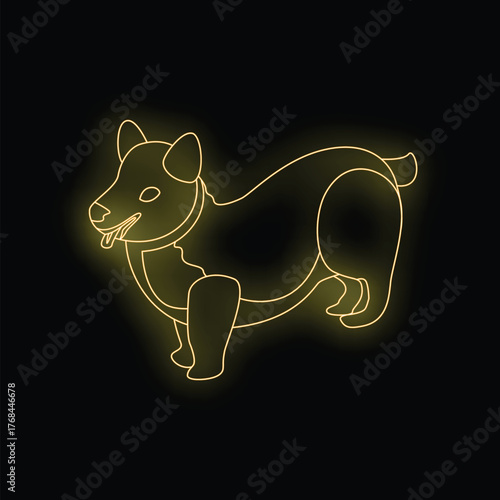 Yellow neon style illustration of a dog panting with tongue out on a black background