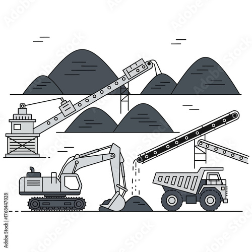 Vector illustration of heavy industrial machinery for mining, including an excavator, dump truck, and conveyor belts.