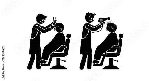 Stylized silhouette vector graphics of hairdresser styling hair and drying hair with dryer icon silhouette vector illustration white background