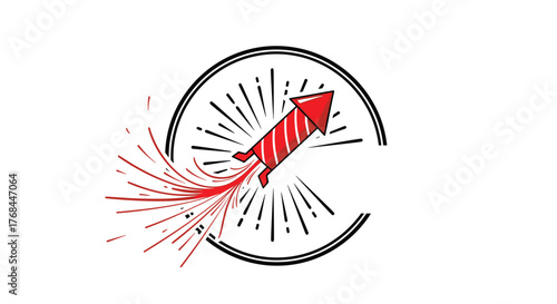 Stylized red and white rocket firework launching with red trails and black sunburst inside a circular frame.