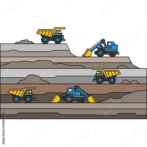 An illustration of an open-pit mining operation with multiple layers of earth being excavated by heavy machinery, including dump trucks and excavators, showing the process of resource extraction.