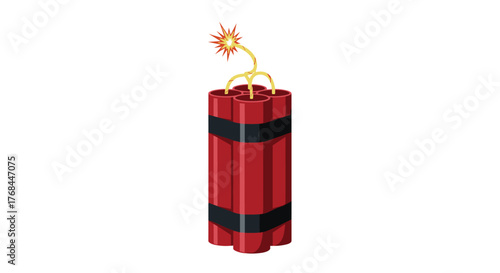A bundle of red dynamite sticks with black tape and a lit fuse, isolated on a white background.