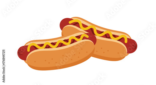 Two cartoon hot dogs with mustard in buns on a white background.