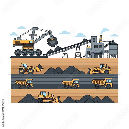 Illustration of an open-pit coal mine with heavy machinery and underground operations.