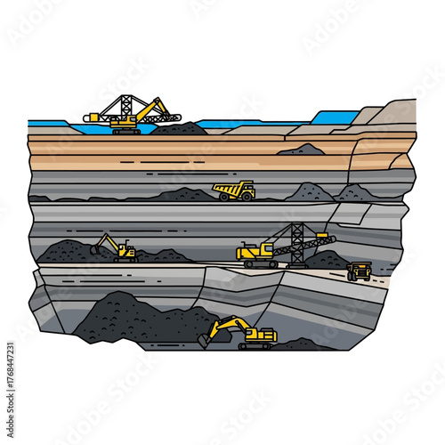 Vector illustration showing a cross-section of an open-pit coal mine with heavy machinery.