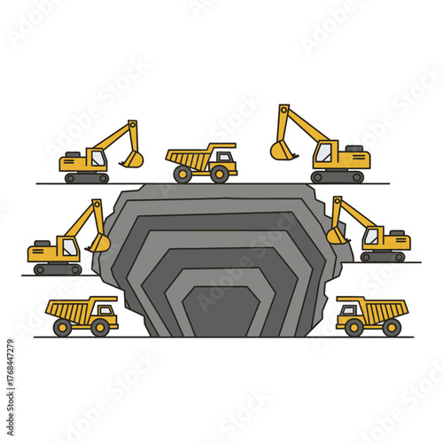 Illustration of excavators and dump trucks working in a mine.