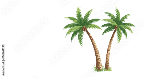 Two tropical palm trees with green fronds and brown trunks stand side by side on a white background.