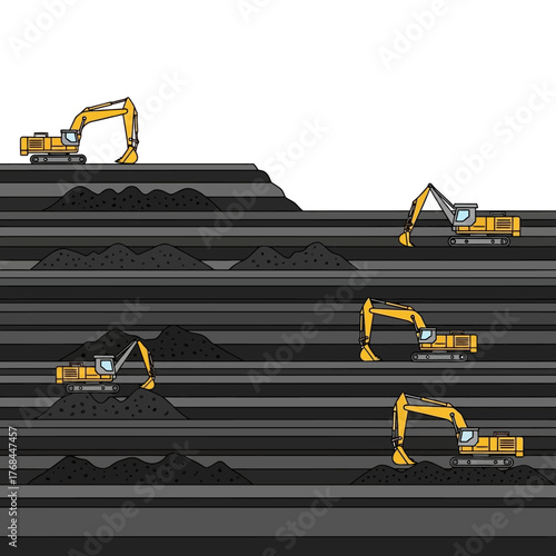 Multiple excavators digging in a layered mine, illustrating industrial resource extraction.