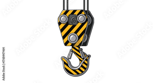 Cartoon crane hook with yellow and black hazard stripes hangs from steel cables on a white background.