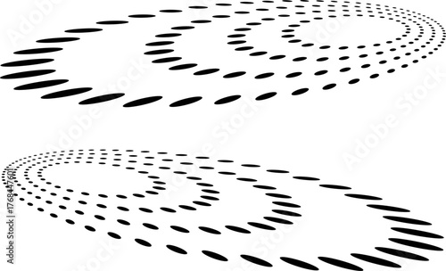 Dynamic black elliptical dot patterns forming abstract swirling waves on a clean white background, creating a modern futuristic motion effect suitable for tech, design, and digital themes.