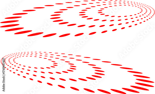 Dynamic red elliptical dot patterns forming abstract swirling waves on a clean white background, creating a modern futuristic motion effect suitable for tech, design, and digital themes.