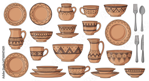 A collection of earthy brown ceramic dishes with geometric patterns, including bowls, plates, cups, and pitchers.